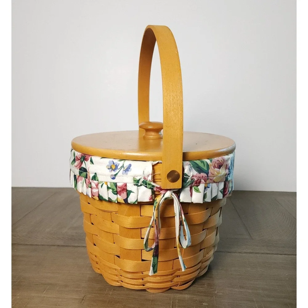 Longaberger Round Medium Fruit Basket with Lid and Liner Swing Handle